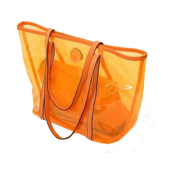 As sacolas transparentes das senhoras cancelam bolsas do PVC, alaranjado/vermelho/azul